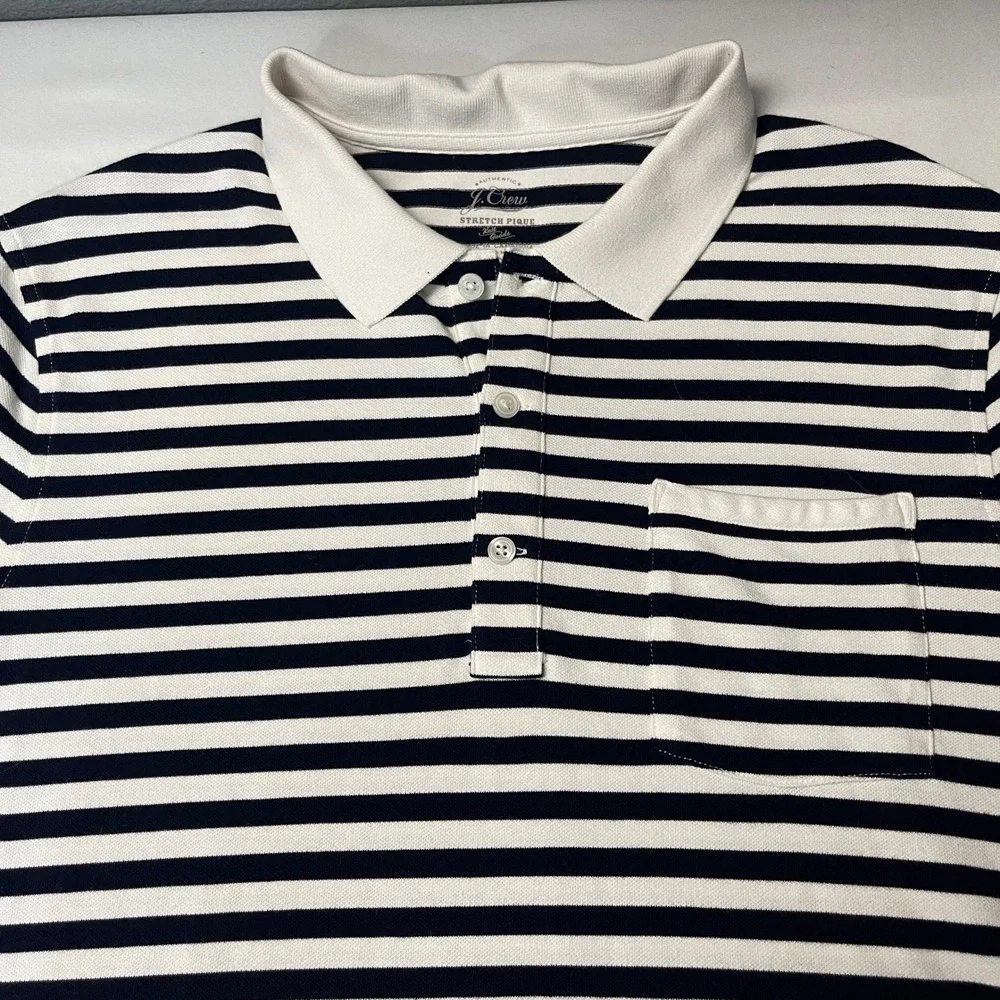 J.Crew XL Navy Striped Polo Shirt Classic Fit Cotton Preppy Nautical Pocket